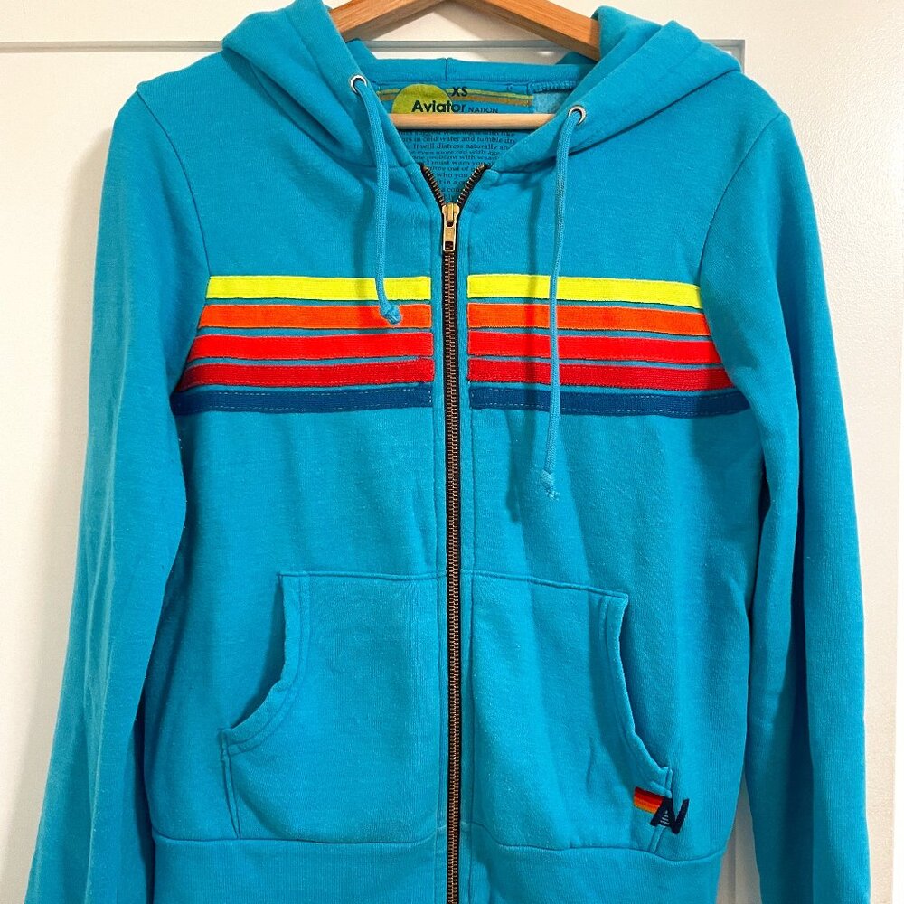 Aviator Nation 5 stripe hoodie - Neon Blue - Size XS